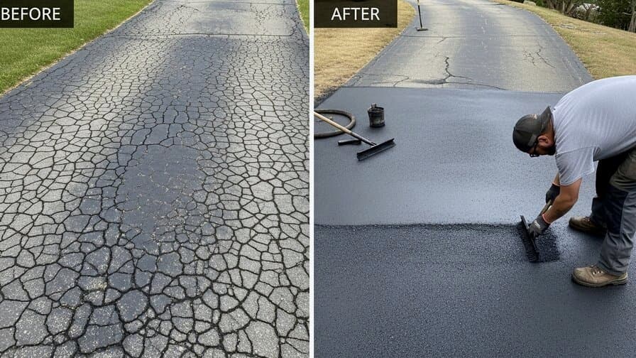 Denver Colorado Jefferson County asphalt driveway longitudinal crack sealing contractor applying hot rubberized crack filler into routed longitudinal crack channel on residential asphalt driveway in Aurora Colorado neighborhood showing contractor with crack filler applicator wand sealing freeze-thaw widened longitudinal crack network with Denver Colorado Front Range Rocky Mountain skyline background and Jefferson County suburban residential neighborhood