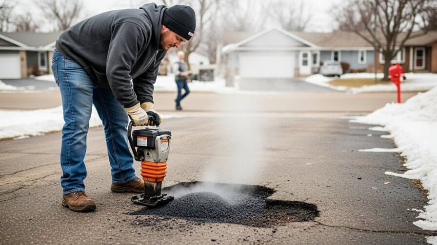 Minneapolis Minnesota Hennepin County asphalt driveway pothole patching contractor applying hot mix asphalt patch to freeze-thaw formed pothole on residential driveway in Eden Prairie neighborhood showing contractor filling pothole cavity with fresh hot mix asphalt and tamping surface flush with surrounding pavement on overcast gray Minnesota winter day with snow remnants at driveway edge and Minneapolis residential neighborhood background