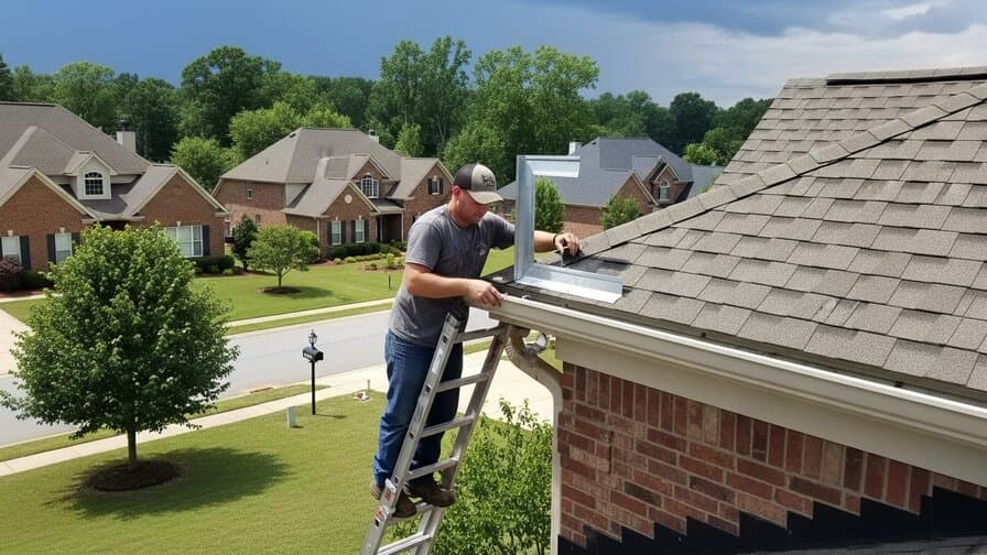Birmingham Alabama Jefferson County asphalt shingle eave drip edge blow-off repair contractor reattaching blown-off L-shaped metal drip edge flashing at eave edge of residential asphalt shingle roof at Hoover Birmingham residential home with Birmingham Alabama suburban neighborhood brick veneer homes and tree-lined streets in background and bright Alabama spring sky