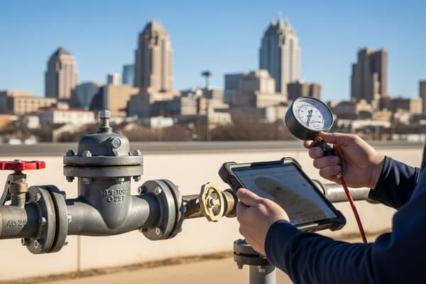 San Antonio Texas licensed backflow prevention assembly tester using digital differential pressure gauge kit to test a reduced pressure zone RPZ backflow preventer on a commercial irrigation system at a Bexar County commercial property