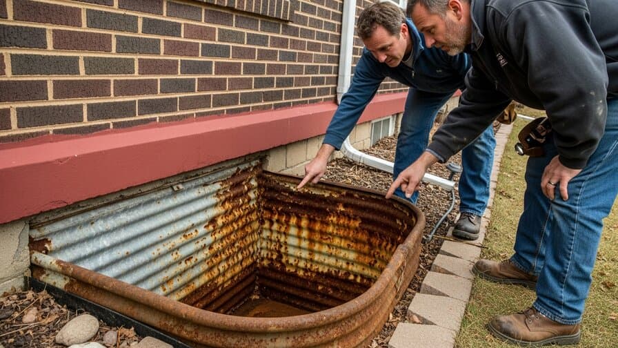 Minneapolis Minnesota homeowner and contractor examining a corroded galvanized steel basement window well beside a brick house foundation in Hennepin County showing rusty deteriorated metal well liner needing replacement with new polypropylene liner on residential Minneapolis bungalow exterior photograph