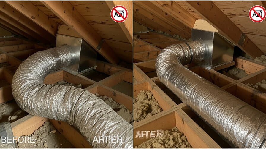 Charlotte North Carolina bathroom exhaust fan duct replacement contractor and homeowner reviewing completed rigid metal bath vent duct installation in Mecklenburg County attic showing contractor and homeowner inspecting new galvanized metal duct connected to roof cap Ballantyne neighborhood residential photograph