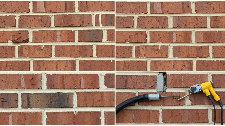 Atlanta Georgia Fulton County brick veneer weep hole replacement contractor clearing mortar-blocked weep hole openings at base course of residential brick veneer wall in Buckhead Atlanta Georgia neighborhood showing contractor using probe extraction tool to clear mortar droppings from brick veneer base course weep hole openings at residential brick veneer wall with Atlanta Georgia suburban residential neighborhood background and Fulton County clear Southern sky