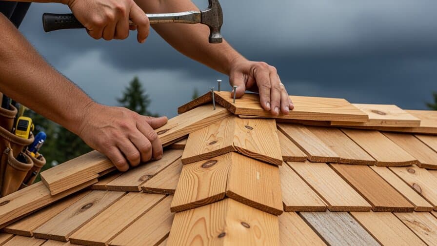 Olympia Washington Thurston County cedar shake hip cap blow-off repair contractor replacing blown-off cedar hip cap shingle with new clear-heart cedar shake and stainless steel nails at residential cedar shake roof diagonal hip rafter line in Olympia Washington showing contractor on roof installing cedar hip cap at hip rafter board with Capitol Hill East Olympia Thurston County Washington South Puget Sound residential neighborhood background and overcast Pacific Northwest sky