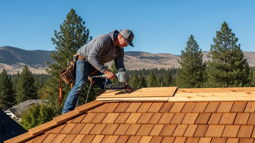 Spokane Washington Spokane County cedar shake ridge cap blow-off repair contractor reinstalling new clear-heart cedar ridge cap shingle with stainless steel nail gun at residential cedar shake roof ridge apex in South Hill Spokane Washington neighborhood showing contractor at roof peak with Inland Northwest high desert landscape blue sky and ponderosa pine trees in background