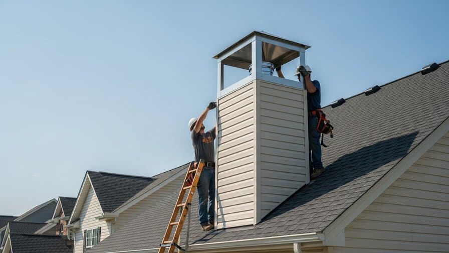 Nashville Tennessee chimney chase cover replacement contractor installing new stainless steel prefabricated fireplace chimney chase cover on vinyl-sided suburban home Davidson County residential neighborhood photograph