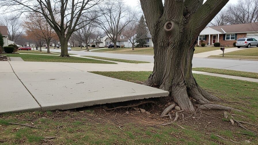 Columbus Ohio Franklin County concrete driveway Scioto River silver maple tree root heave clay soil freeze-thaw panel lift repair contractor grinding raised concrete slab edge adjacent to mature silver maple tree on Short North German Village residential driveway showing lifted concrete panel with elevation differential next to tree base with Scioto River and Columbus downtown skyline in background