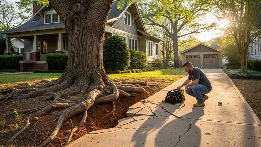 Greensboro North Carolina Guilford County Piedmont Triad residential concrete driveway contractor inspecting Fisher Park Irving Park willow oak tree root heave damage lifting cracked concrete slab panel showing raised concrete driveway panel adjacent to mature willow oak tree with wide-spreading lateral roots in Piedmont red clay Cecil clay loam soil historic Greensboro bungalow craftsman house background warm afternoon light