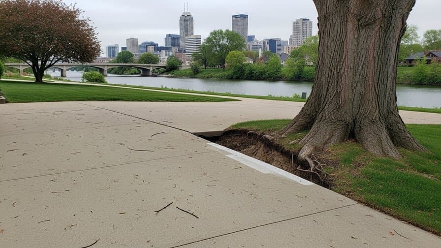 Indianapolis Indiana Marion County concrete driveway White River American elm tree root heave clay soil freeze-thaw panel lift repair contractor grinding raised concrete slab edge adjacent to mature American elm tree on Broad Ripple Meridian-Kessler residential driveway showing lifted concrete panel with elevation differential next to tree base with White River and Indianapolis downtown skyline in background