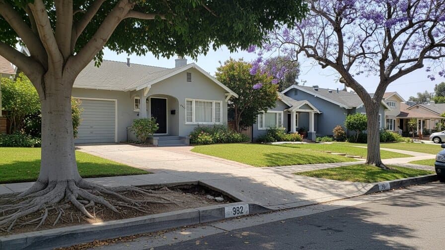 Los Angeles California residential concrete driveway contractor inspecting ficus jacaranda tree root heave damage in Silver Lake Los Feliz neighborhood showing lifted concrete panel adjacent to mature ficus street tree expansive clay soil California bungalow background