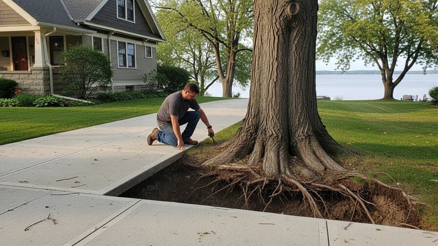 Madison Wisconsin Dane County residential concrete driveway contractor kneeling beside raised concrete slab panel adjacent to mature silver maple tree in Nakoma Shorewood Hills neighborhood showing root-heaved concrete driveway panel lifted by aggressive lateral surface root system running through Dane County glacial till clay soil Wisconsin craftsman bungalow home background
