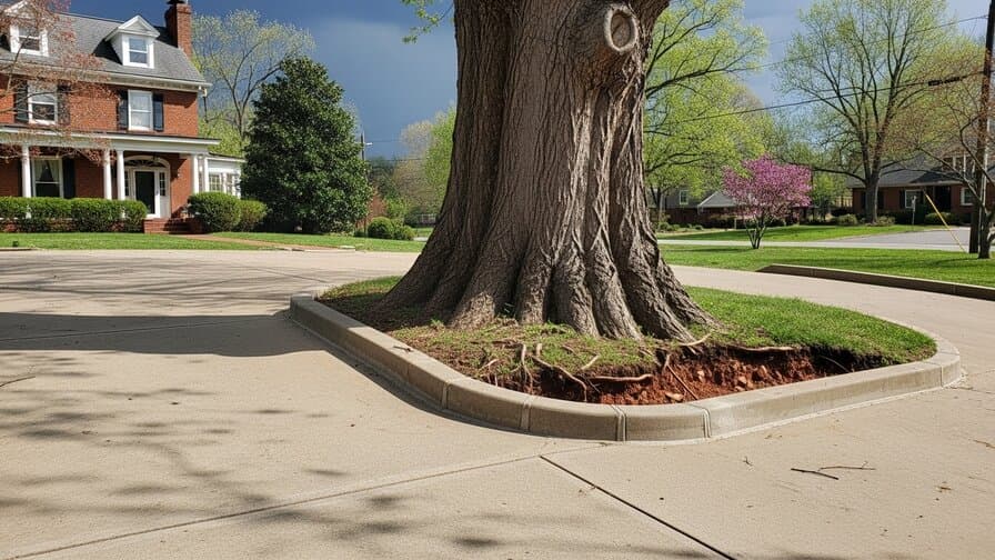 Nashville Tennessee Davidson County concrete driveway American elm tree root heave Tennessee red clay shrink-swell panel lift repair contractor grinding raised concrete slab edge adjacent to mature American elm tree on Belle Meade residential driveway showing lifted concrete panel with elevation differential next to tree base with Nashville historic home and spring thunderstorm sky in background