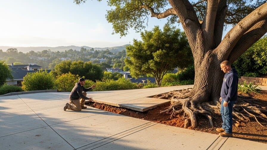 Oakland California Alameda County residential concrete driveway contractor kneeling beside raised concrete slab panel adjacent to mature coast live oak tree showing Franciscan Formation clay hillside shrink-swell lateral root heave panel lift damage on residential driveway Rockridge Temescal neighborhood Oakland Hills background morning light suburban