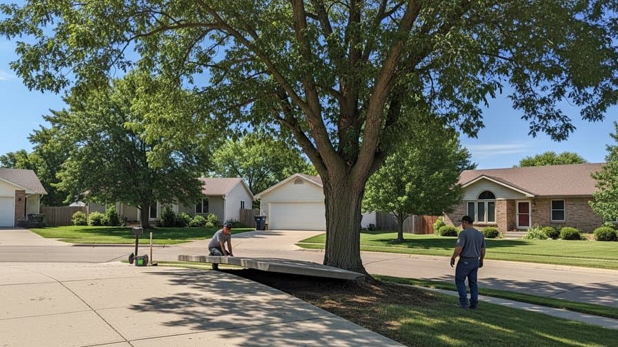 Omaha Nebraska Douglas County concrete driveway Missouri River cottonwood tree root heave freeze-thaw panel lift repair contractor grinding raised concrete slab edge adjacent to mature cottonwood tree on Dundee Benson residential driveway showing lifted concrete panel with elevation differential next to tree base with Nebraska sky and Omaha suburban neighborhood homes in background