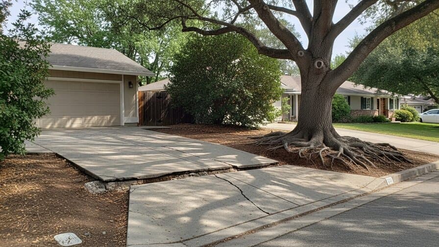Sacramento California Sacramento County residential concrete driveway contractor inspecting valley oak tree lateral root heave damage in Land Park neighborhood showing elevated concrete panel adjacent to mature California valley oak tree with adobe clay soil Central Valley suburban home