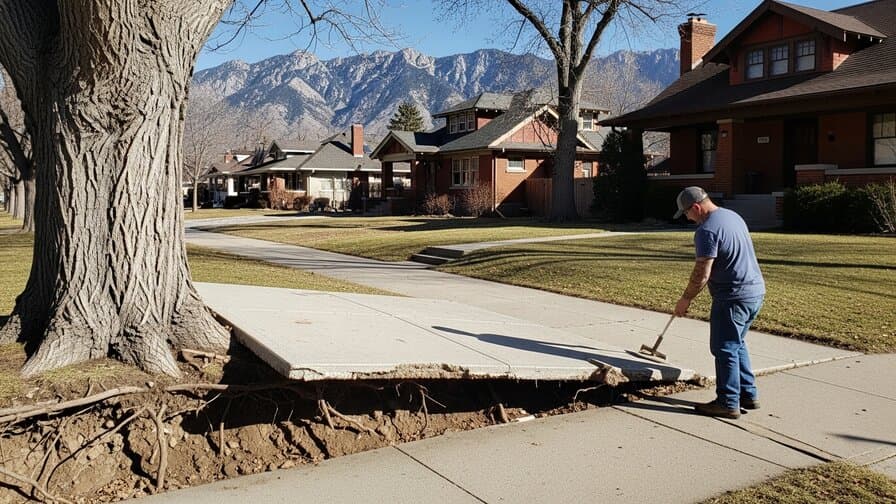 Salt Lake City Utah Salt Lake County residential concrete driveway contractor inspecting Fremont cottonwood tree root heave damage lifting cracked concrete slab panel in Sugar House neighborhood showing raised concrete driveway panel adjacent to mature cottonwood tree with wide-spreading lateral roots Wasatch Front clay soil visible at slab edge Craftsman bungalow red brick background Rocky Mountains Wasatch Range visible in distance afternoon light