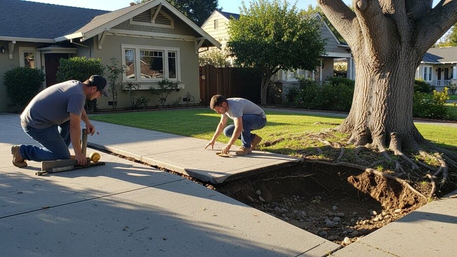 San Jose California Santa Clara County residential concrete driveway contractor inspecting valley oak tree root heave damage lifting concrete slab panel in Willow Glen neighborhood showing lifted concrete panel adjacent to mature valley oak tree Diablo clay loam soil San Jose Craftsman bungalow background morning sunlight Silicon Valley