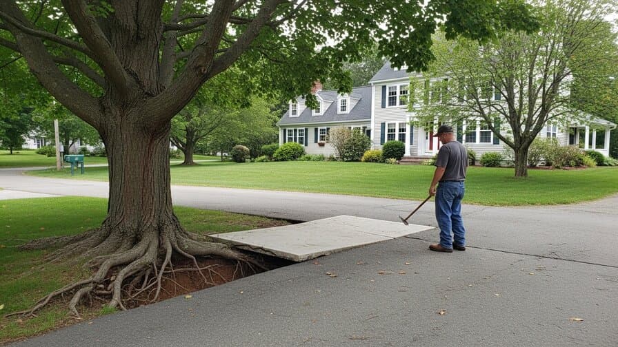 Springfield Massachusetts Hampden County residential concrete driveway contractor inspecting Forest Park McKnight neighborhood silver maple tree root heave damage lifting cracked concrete slab panel showing raised concrete driveway panel adjacent to mature silver maple tree with wide-spreading lateral surface roots in Connecticut River glacial outwash soil New England Colonial farmhouse background