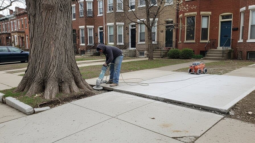 St. Louis Missouri St. Louis County concrete driveway cottonwood tree root heave freeze-thaw panel lift repair contractor grinding raised concrete slab edge adjacent to mature cottonwood tree on Soulard Lafayette Square residential driveway showing lifted concrete panel with elevation differential next to tree base with Missouri River spring flood season and St. Louis historic brick rowhouses in background