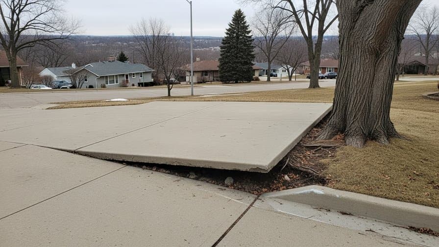 St. Paul Minnesota Ramsey County concrete driveway American elm tree root heave freeze-thaw panel lift repair contractor grinding raised concrete slab edge adjacent to mature American elm tree on Cathedral Hill Summit Avenue residential driveway showing lifted concrete panel with elevation differential next to tree base with Minnesota winter sky and St. Paul suburban neighborhood homes in background