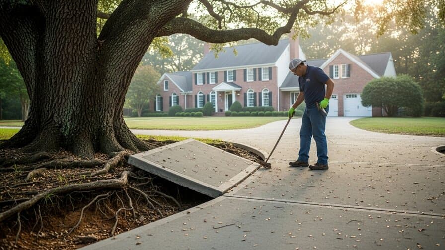 Virginia Beach Virginia residential concrete driveway contractor inspecting live oak tree root heave damage lifting concrete slab panel in Princess Anne neighborhood showing raised concrete panel adjacent to mature live oak tree Virginia Beach colonial home background morning sunlight Atlantic coastal plain clay loam soil visible at slab edge