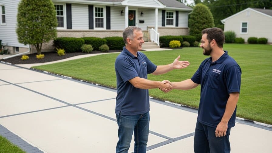 Cincinnati Ohio homeowner and concrete expansion joint repair contractor standing in front of freshly restored residential driveway showing sealed concrete expansion joints with new polyurethane sealant and repaired spalling edges in Anderson Township Hamilton County Ohio suburban neighborhood
