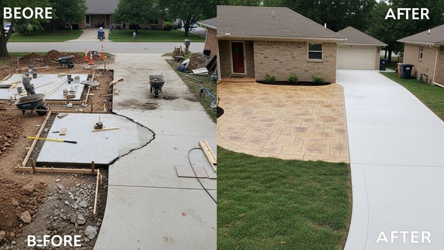 Concrete flatwork contractor completing new broom-finish concrete driveway and patio installation for Kansas City Missouri homeowner showing compacted aggregate sub-base preparation control joints and professional finish quality in Jackson County residential neighborhood