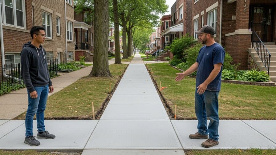 Chicago Illinois homeowner standing beside a concrete contractor on a residential sidewalk in a Cook County bungalow neighborhood showing freshly replaced concrete sidewalk panels beside the front walkway with smooth troweled finish on a tree-lined urban residential street exterior