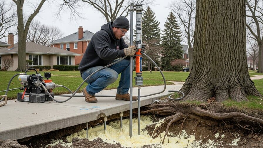 Chicago Illinois Cook County concrete sidewalk tree root heave panel repair contractor operating polyurethane foam injection equipment to lift Norway maple root heaved concrete sidewalk panel at residential sidewalk corridor in Evanston Illinois showing contractor drilling injection ports in heaved concrete sidewalk panel near large Norway maple street tree injecting polyurethane foam beneath heaved panel edge to restore flush sidewalk grade with Chicago Illinois Lake Michigan suburban residential neighborhood background and Cook County overcast Midwest sky