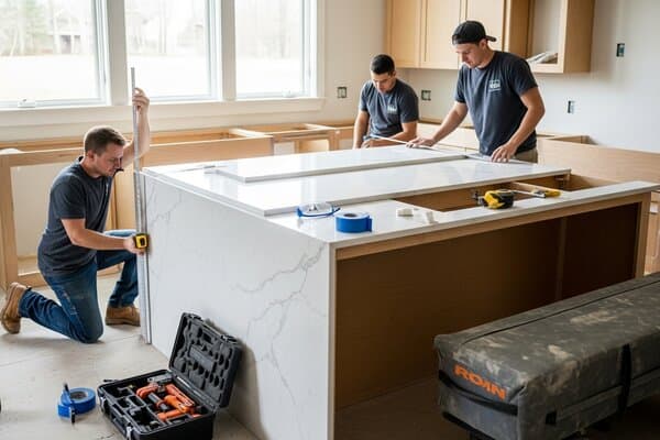 Professional countertop installation team measuring and installing white quartz countertop in a Nashville Tennessee kitchen remodel