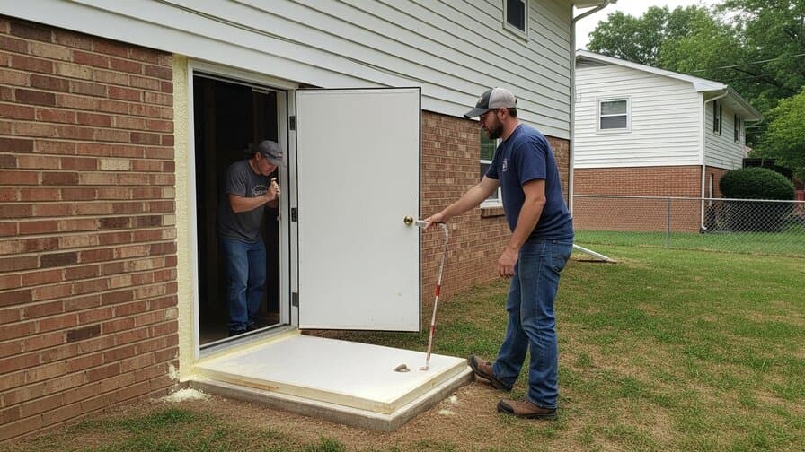 Nashville Tennessee homeowner and crawl space contractor reviewing completed new crawl space door and frame installation on a 1985 Davidson County ranch home with foam-insulated access hatch in Brentwood Williamson County backyard with Tennessee residential suburban neighborhood visible