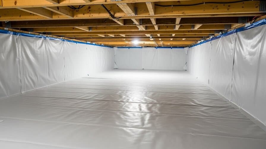 Raleigh Crawl Space Vapor Barrier Solutions contractor completing professional 20-mil reinforced polyethylene vapor barrier installation on dirt crawl space floor of Wake County North Carolina residential home showing clean white barrier covering full crawl space floor with sealed seams and perimeter wall attachment