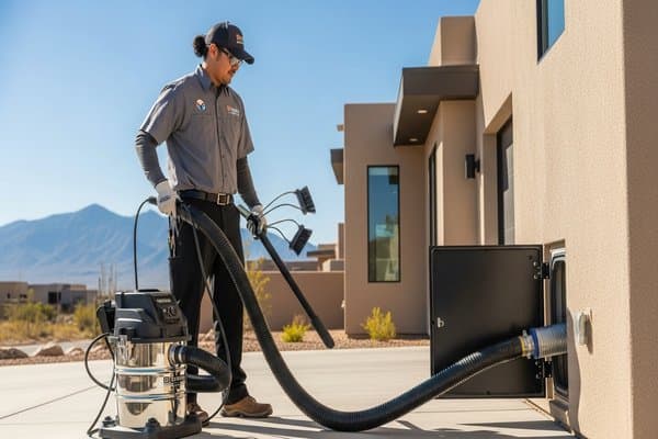 Professional dryer vent cleaning technician in Albuquerque New Mexico using rotary brush and vacuum equipment at a residential property with Sandia Mountains in background
