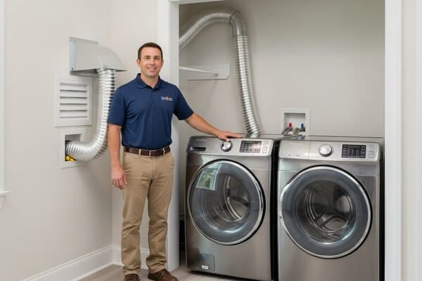 Professional dryer vent installation contractor in Charlotte North Carolina laundry room showing completed rigid aluminum periscope duct installation behind a front-load dryer with louvered exterior wall cap