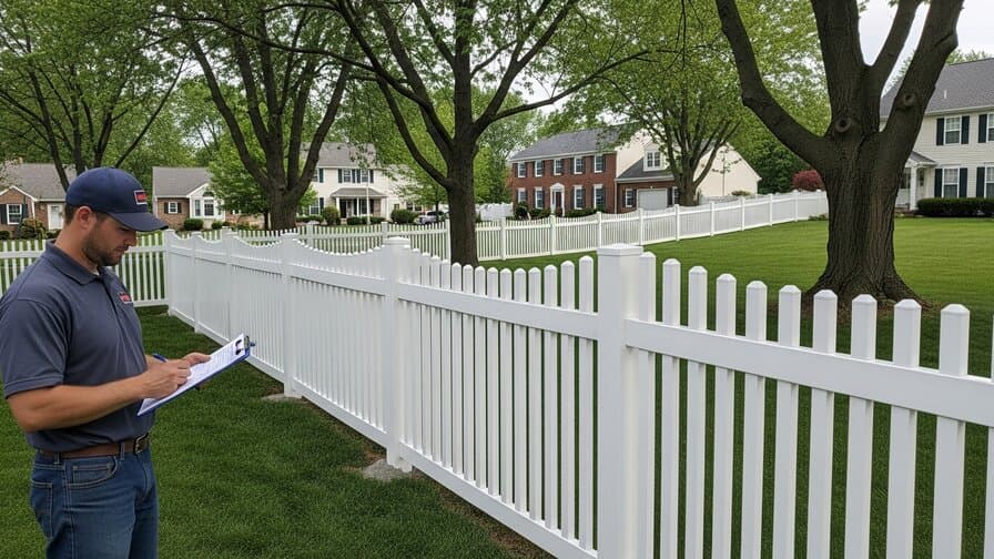 Professional fence installation contractor completing a vinyl privacy fence installation in a Columbus Ohio residential backyard showing a finished white vinyl fence with dog-ear pickets running along a residential property line with contractor reviewing Franklin County permit documentation suburban Columbus Franklin County neighborhood with mature trees green lawn and neighboring colonial homes visible in background