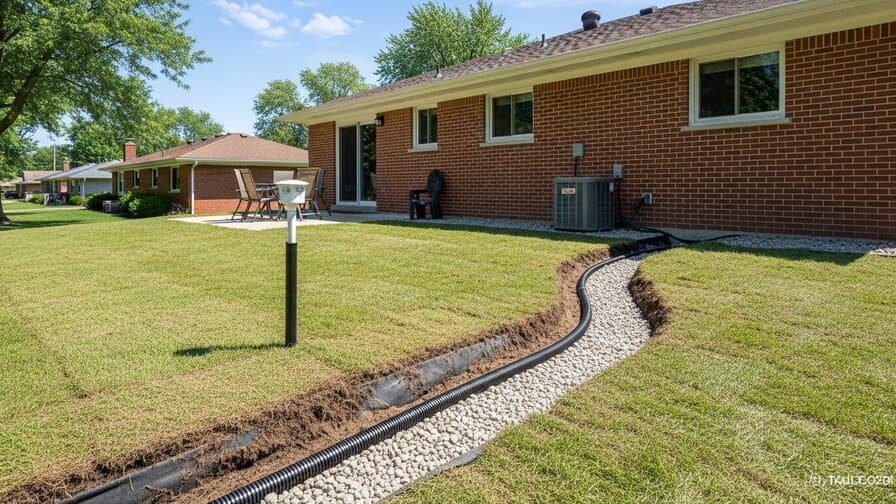 French drain installation contractor completing a residential exterior drainage project in Indianapolis Indiana showing a finished backyard with a clean pop-up emitter installed flush with the lawn a trench backfilled with topsoil and the perforated pipe buried under drainage gravel and filter fabric a solid PVC downspout extension tied into the french drain mainline at a Y fitting and Marion County clay soil terrain with a typical Indianapolis ranch home with brick veneer exterior
