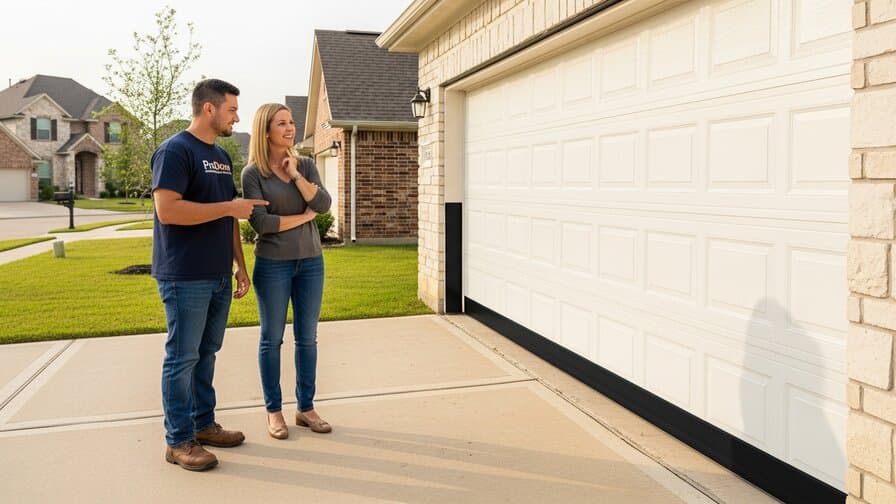 Houston Texas garage door bottom seal replacement contractor and homeowner standing in front of completed garage door installation showing new rubber bottom astragal seal installed on residential garage door Katy Texas neighborhood Harris County suburban home driveway photograph