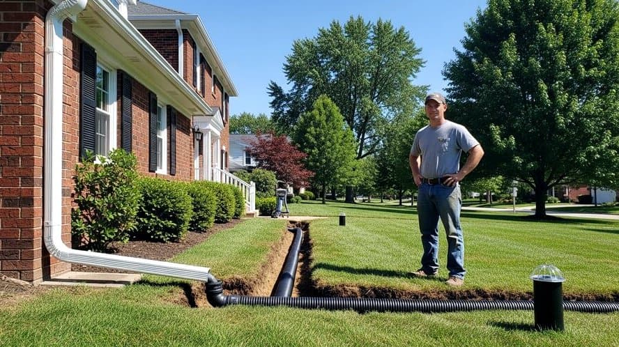Nashville Tennessee gutter downspout elbow replacement contractor installing new aluminum outlet elbow on residential gutter system Davidson County Brentwood suburban home overcast Middle Tennessee sky autumn residential neighborhood