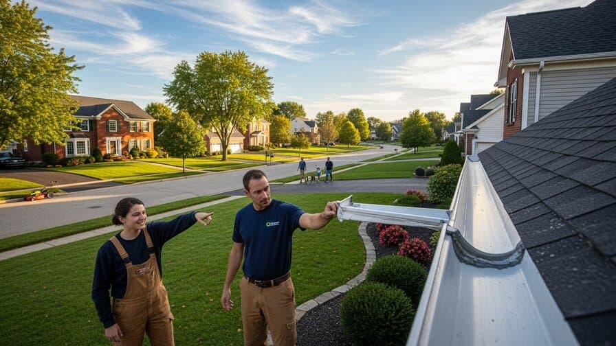 Fort Wayne Indiana homeowner and gutter end cap repair contractor examining newly resealed aluminum gutter end cap on residential home exterior with Fort Wayne Allen County suburban neighborhood visible in background and repaired end cap joint with fresh sealant bead clearly visible