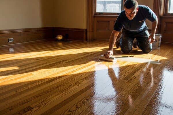 Louisville Hardwood Craftsmen contractor applying clear polyurethane finish to freshly sanded and stained golden oak hardwood floors in a Victorian home in Old Louisville historic district showing the beautiful grain transformation