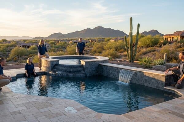 Luxury hot tub installation completed by Scottsdale Hot Tub Crew in a North Scottsdale backyard with travertine patio surround and McDowell Mountains visible in the background