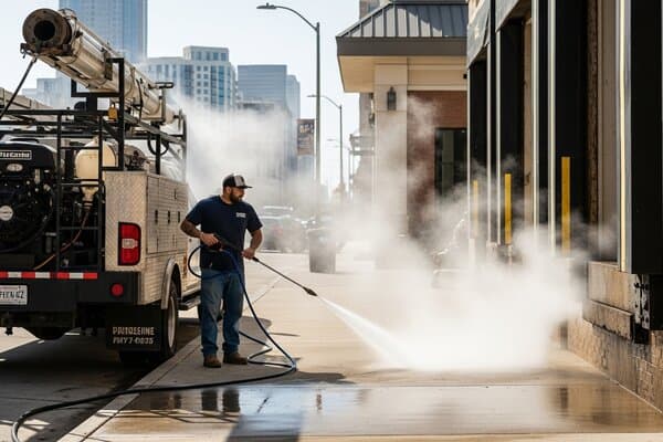 Houston Hot Water Pressure Washing Co. contractor using a truck-mounted hot water pressure washing system with steam visible cleaning grease from a restaurant loading dock concrete apron in Houston Texas showing commercial hot water pressure washing equipment and clean concrete revealed