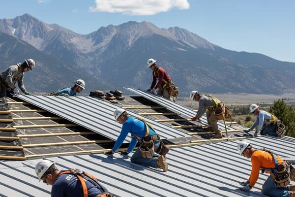 Metal roofing contractor installing standing seam metal roof panels on a Colorado Springs residential home with Rocky Mountains visible in the background