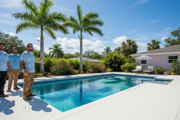 Pool deck resurfacing contractor applying cool deck coating on a residential swimming pool deck in Clearwater Florida with turquoise pool water and palm trees visible