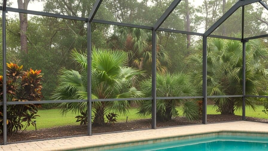 Miami Miami-Dade County screen door frame replacement contractor installing new marine-grade anodized aluminum screen door frame on residential sliding screen door Brickell Coconut Grove backyard lanai Biscayne Bay waterfront home tropical landscaping bright subtropical morning