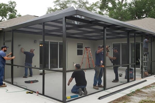 Tampa Screen Enclosure Works installation crew assembling an aluminum birdcage pool enclosure frame over a Florida residential swimming pool with pool deck visible and tropical landscaping surrounding the property in Hillsborough County