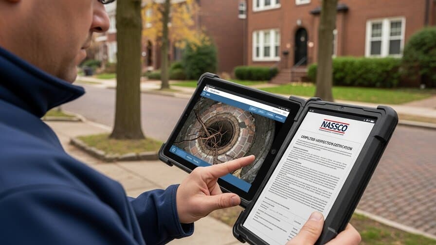 Sewer scope inspection contractor in Cleveland Ohio completing a pre-purchase real estate sewer camera inspection for a 1940s brick colonial home with technician reviewing the NASSCO PACP sewer inspection report on a tablet showing before and after documentation of clay tile sewer pipe condition with root intrusion defect grades and GPS-marked inspection locations