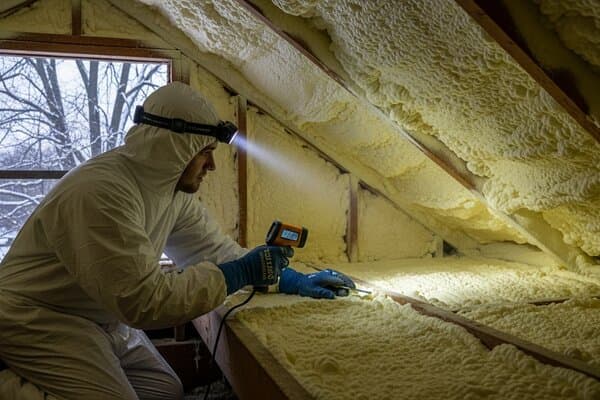 Spray foam insulation contractor in Grand Rapids Michigan examining fresh spray foam insulation application in attic crawlspace of residential home wearing protective gear