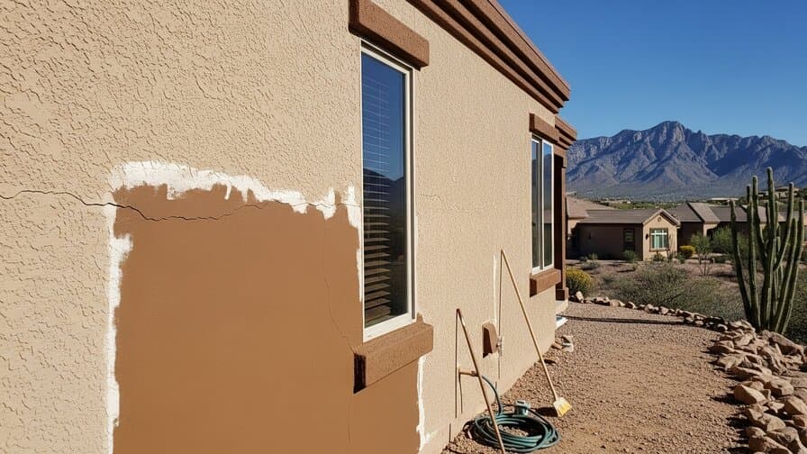 Tucson Stucco Repair Craftsmen contractor completing professional stucco crack repair and texture matching on a territorial-style stucco home in the Catalina Foothills Arizona showing freshly patched and painted smooth brown stucco wall with professional masonry repair work and visible desert mountain landscape in background