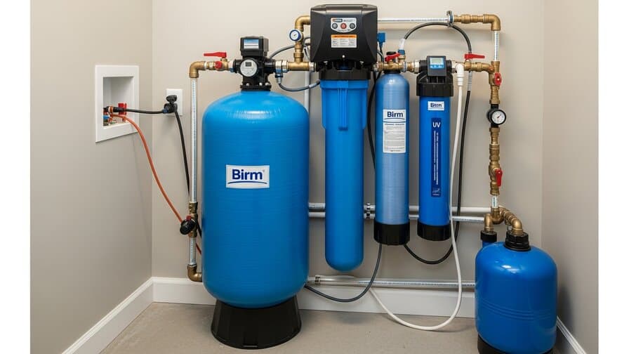 Well water treatment system installed in Raleigh North Carolina residential home with birm iron filtration tank and UV disinfection unit in clean utility room showing professional water treatment equipment